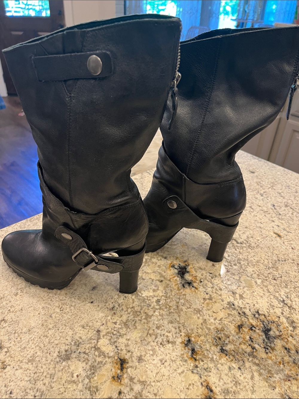 Dolce Vita Black Leather Mid-Calf Heeled Boots with Buckle Detail